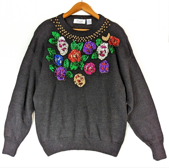 VINTAGE 80s colorful sequin flower embellished black knit pull